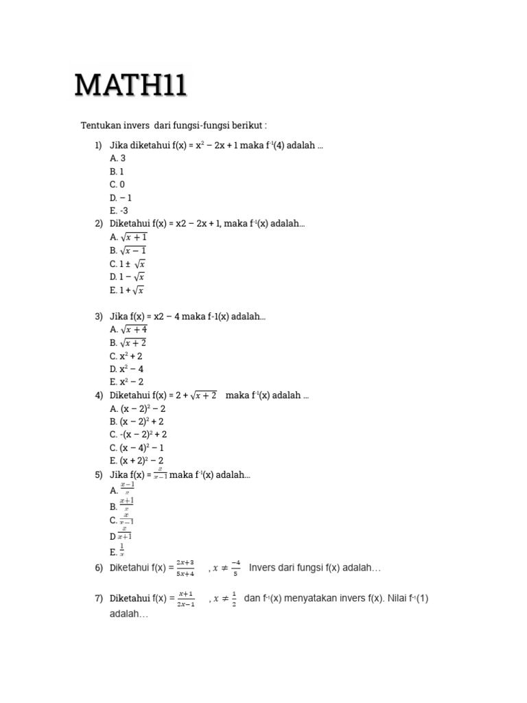 Invers Fungsi Matematika dan Solusinya | PDF