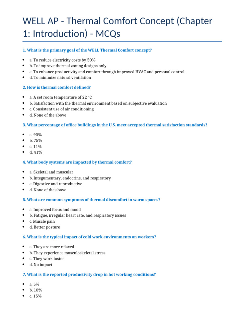 WELL AP Thermal Comfort MCQs Guide | PDF | Heat Transfer | Home Appliance