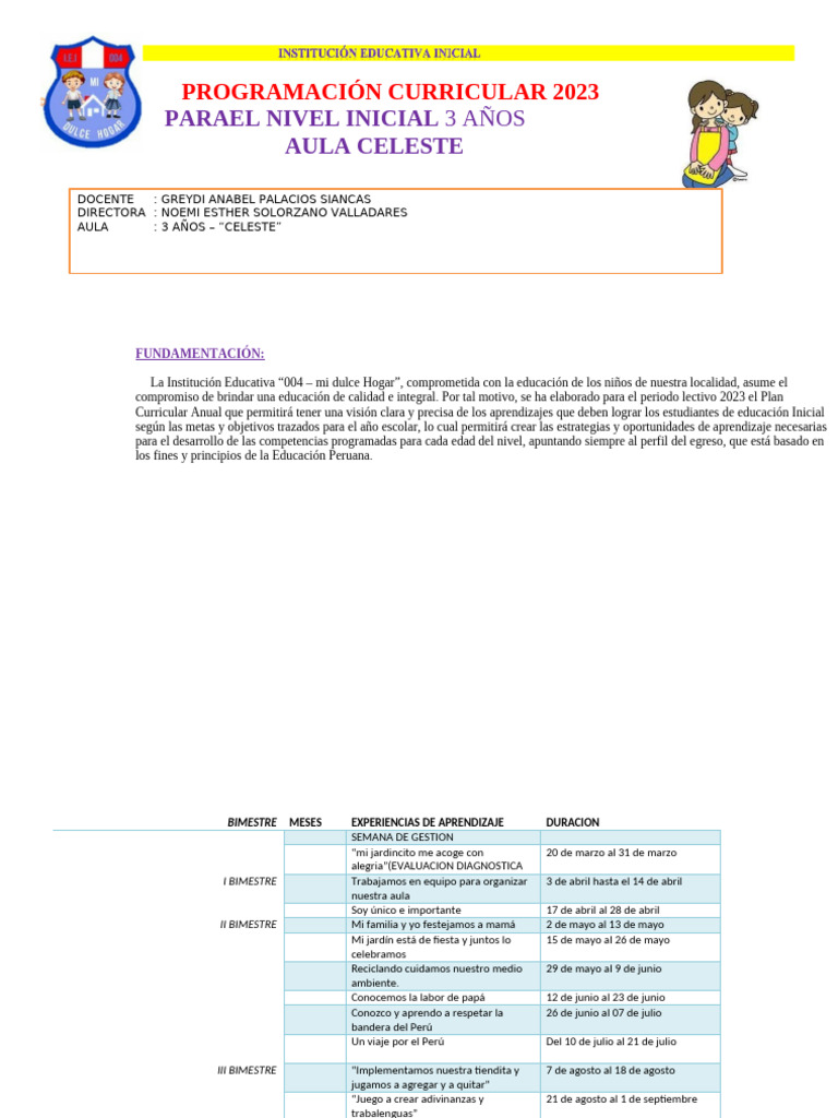 Plan Curricular 2023 Nivel Inicial 3 Años | PDF | Aprendizaje | Las ...