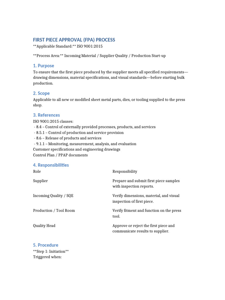 First Piece Approval Process Overview | PDF | Specification (Technical ...