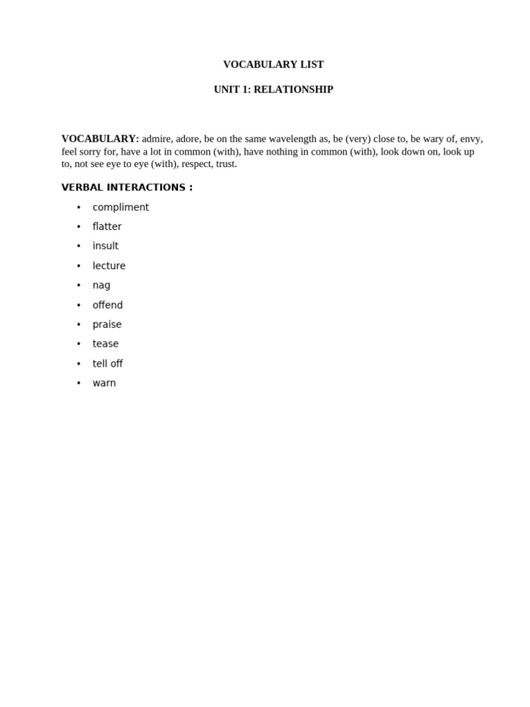 Vocabulary List: Relationship Terms | PDF