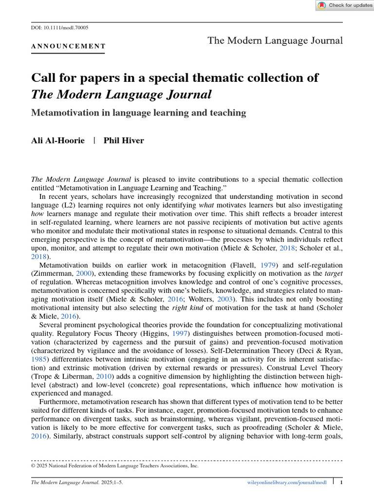 The Modern Language Journal - 2025 - Al Hoorie - Call For Papers in A ...