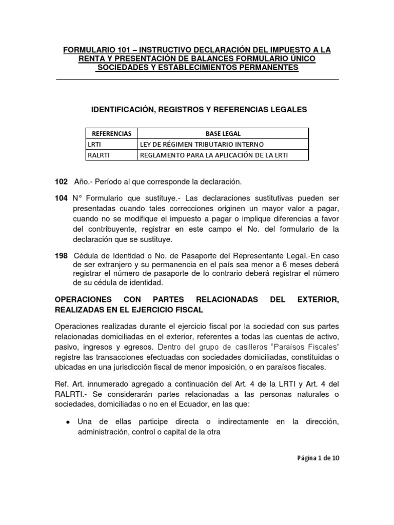 Instructivo Formulario 101 SRI 2024 | PDF | Paraíso fiscal | Impuesto ...