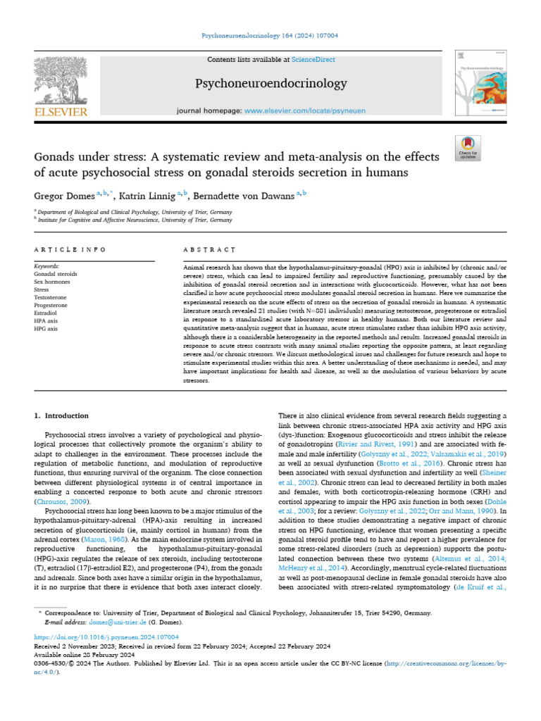 Acute Stress Effects on Gonadal Steroids | PDF | Luteinizing Hormone ...