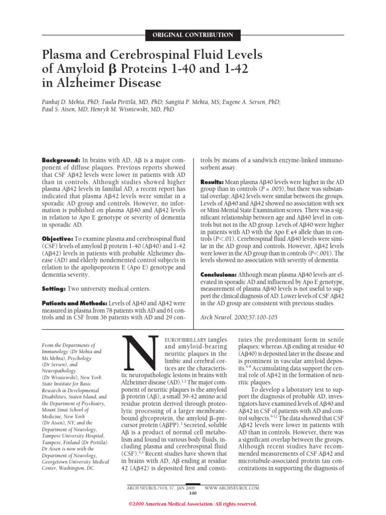 2000-Plasma and CSF of Amyloid Beta Proteins 1-40 and 1-42 in AD | PDF ...
