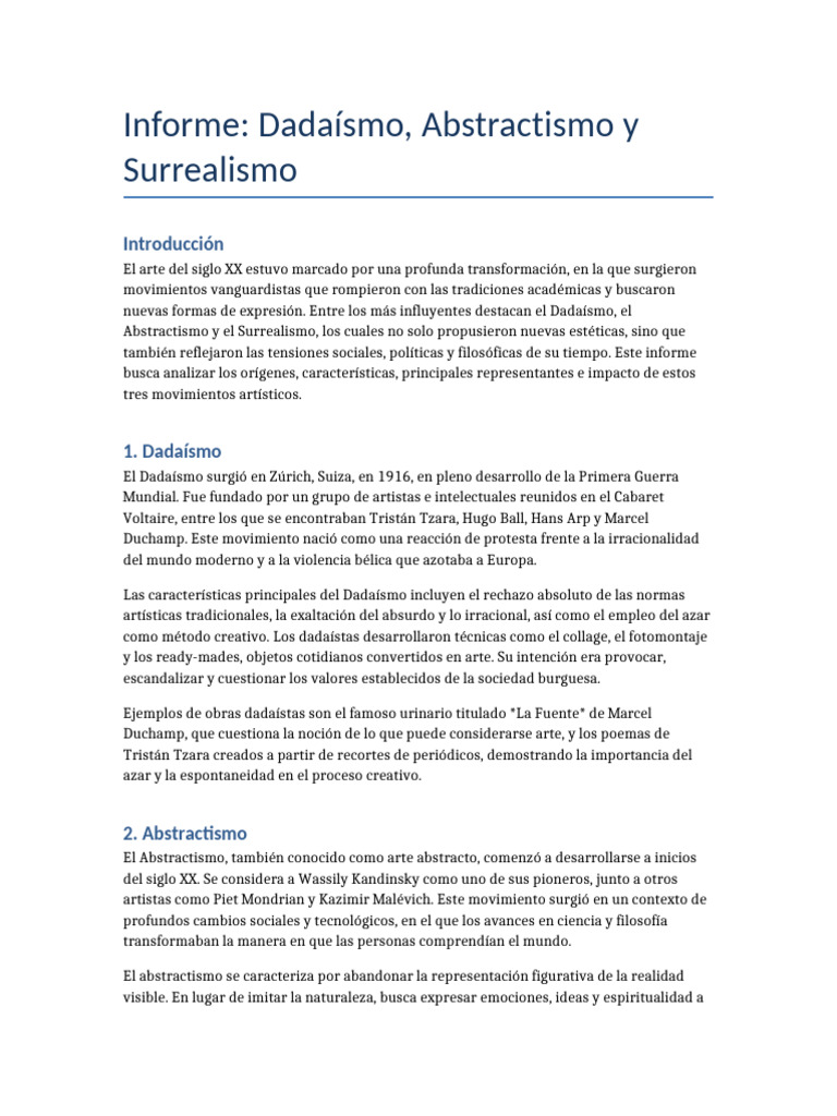 Informe Dadaismo Abstractismo Surrealismo | PDF | Surrealismo | Las artes