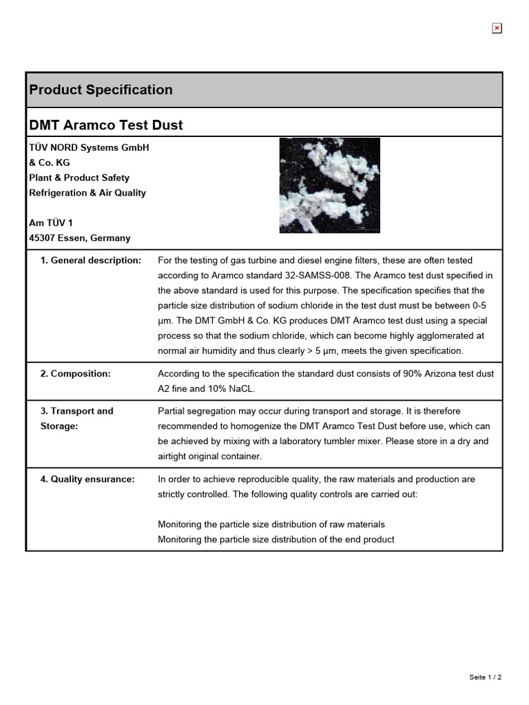 DMT Aramco Test Dust Specification | PDF | Dust