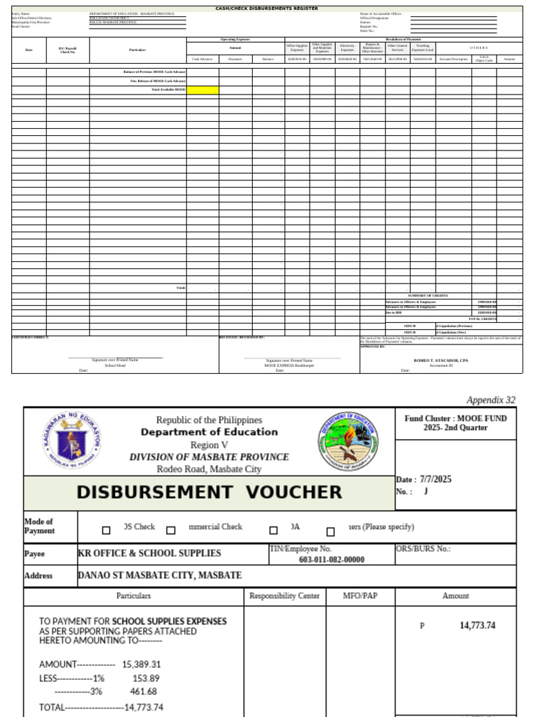 Masbate Education Cash Disbursement Register | PDF | Credit Card | Payments