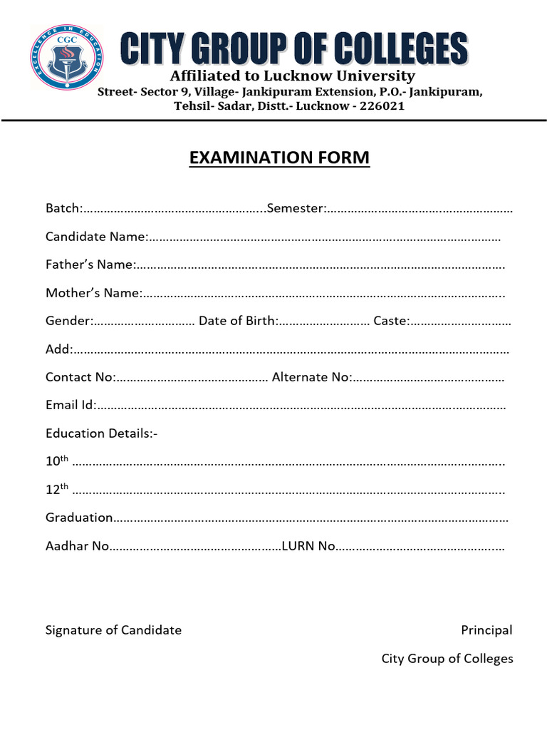 Lucknow University Exam Form Template | PDF