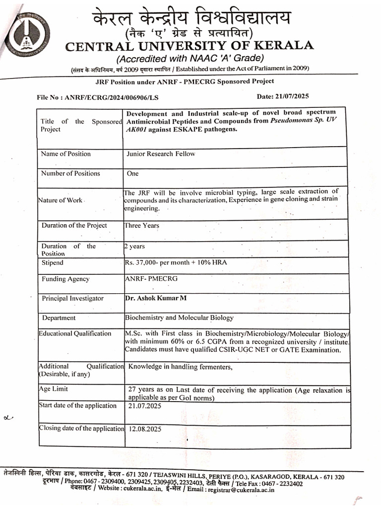 JRF Application Form - Biochemistry Kerala | PDF