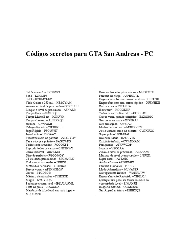 DESCOBRIRAM NOVOS CÓDIGOS SECRETOS NO GTA SA 