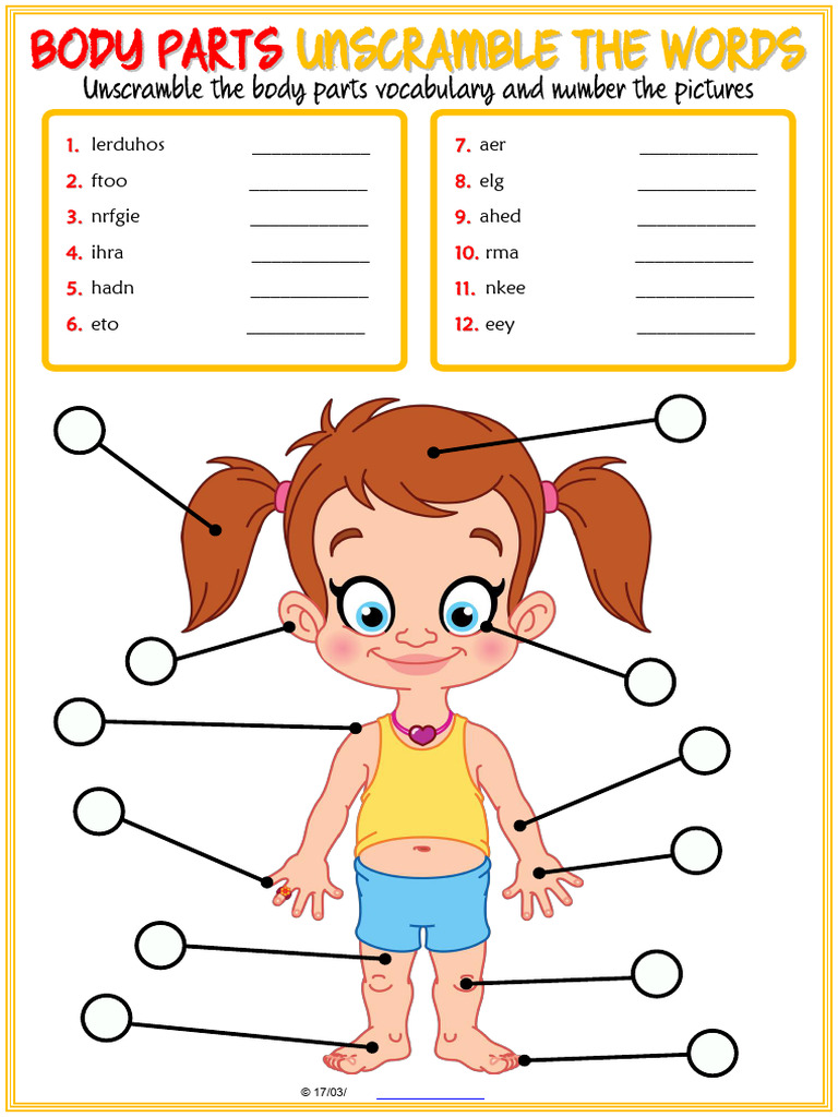 Body Parts Vocabulary Esl Unscramble The Words Worksheet For Kids | PDF