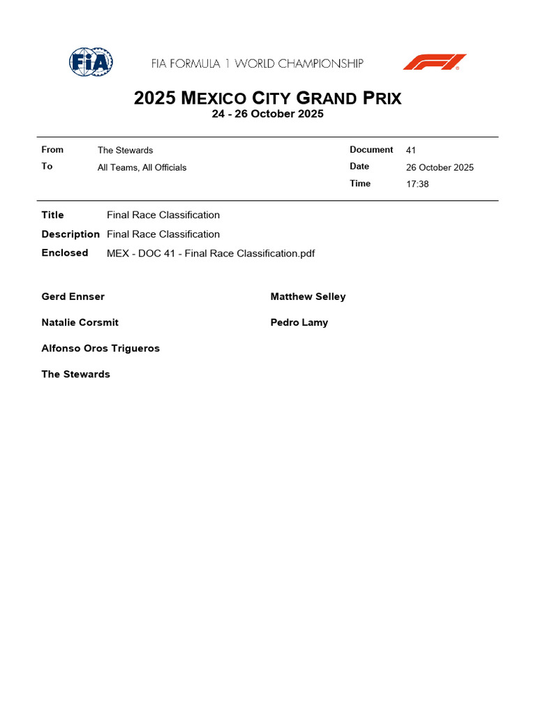 2025 Mexico City GP Final Classification | PDF | Formula One | Formula ...