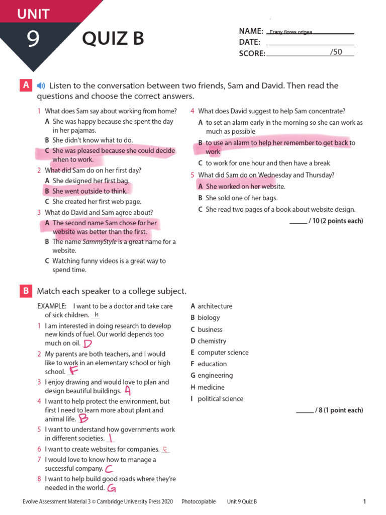 Unit 9 Quiz B: College Subjects & Internships | PDF | Internship | Job ...