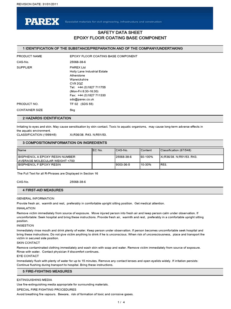 Epoxy Floor Coating Safety Data Sheet | PDF | Epoxy | Toxicity