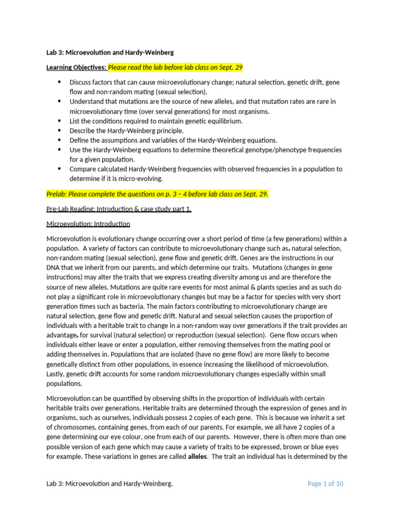 Microevolution & Hardy-Weinberg Lab Guide | PDF | Allele | Genotype