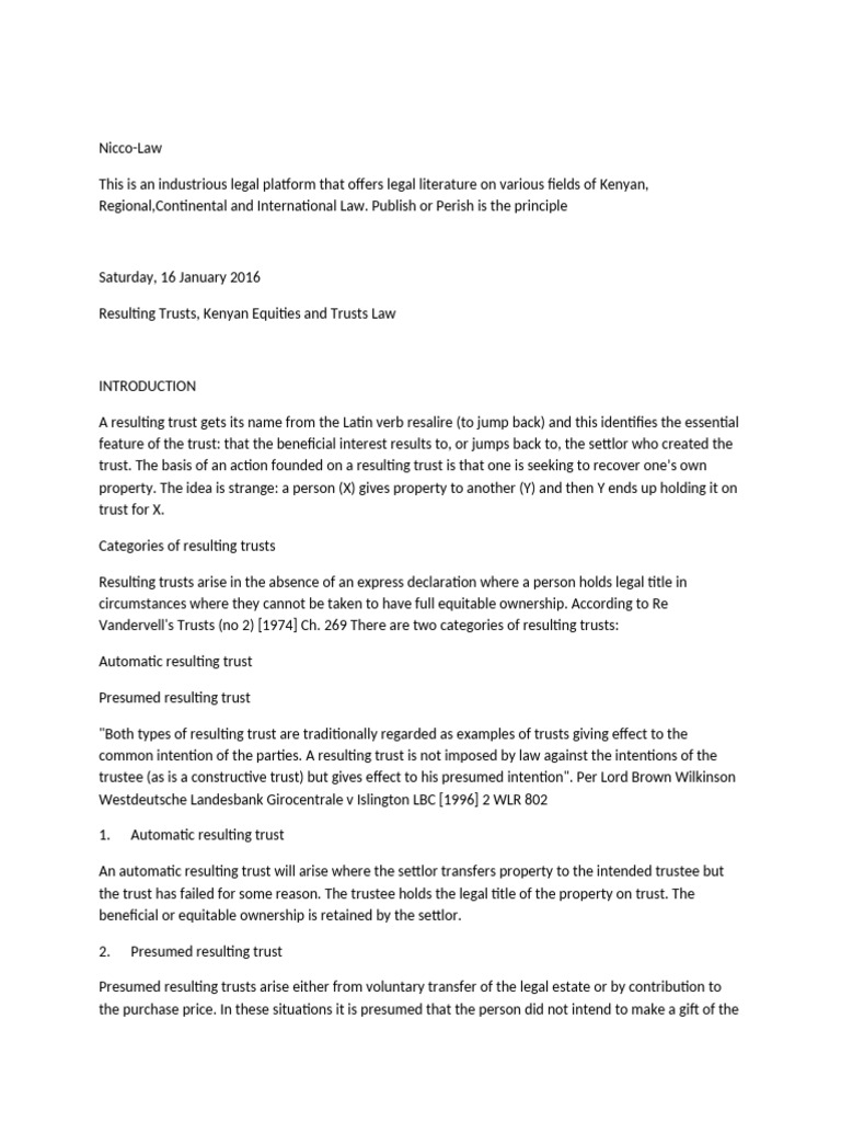 resulting trust | PDF | Concurrent Estate | English Trust Law