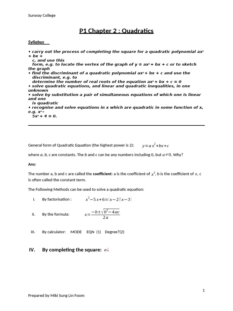 P1 Topic 1(Notes) | PDF | Quadratic Equation | Mathematical Relations