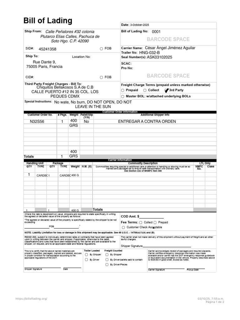 Bill of Lading Form Printable Template-1 | PDF | Cargo | Logistics