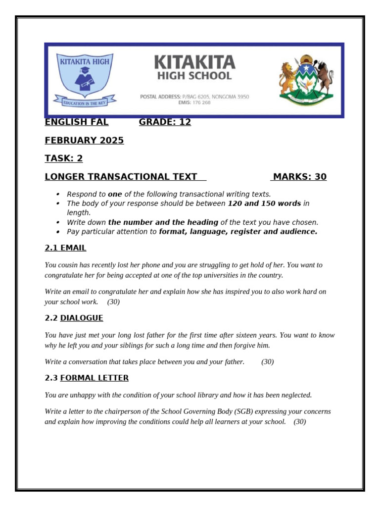 Grade 12 English Transactional Writing Tasks | PDF