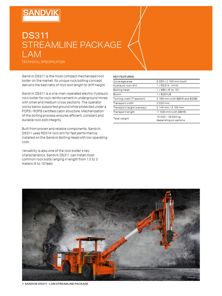 Sandvik DS311 Compact Rock Bolter Specs | PDF | Drill | Pump