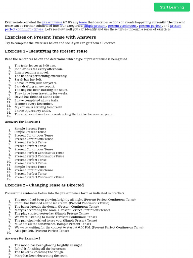 Present Tense Exercises With Answers | PDF