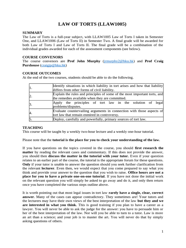 Law of Torts Course Overview and Details | PDF | Tort | Causation (Law)