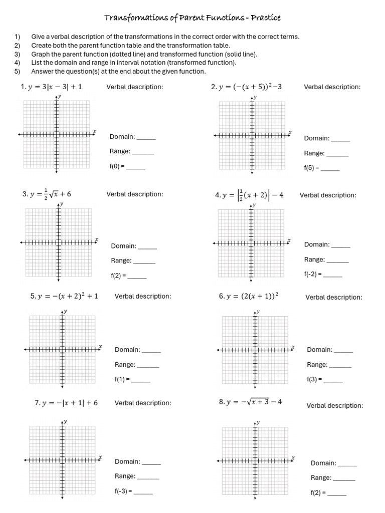 Transformations of Functions Practice | PDF | Function (Mathematics ...