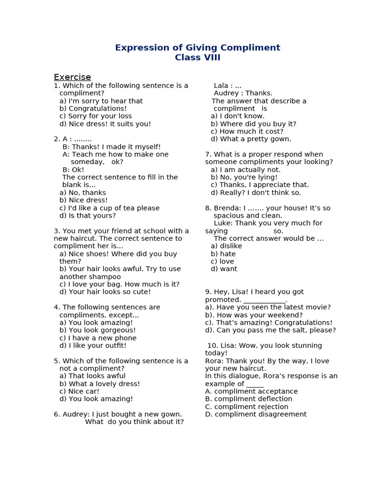 Compliment Expressions for Class VIII | PDF