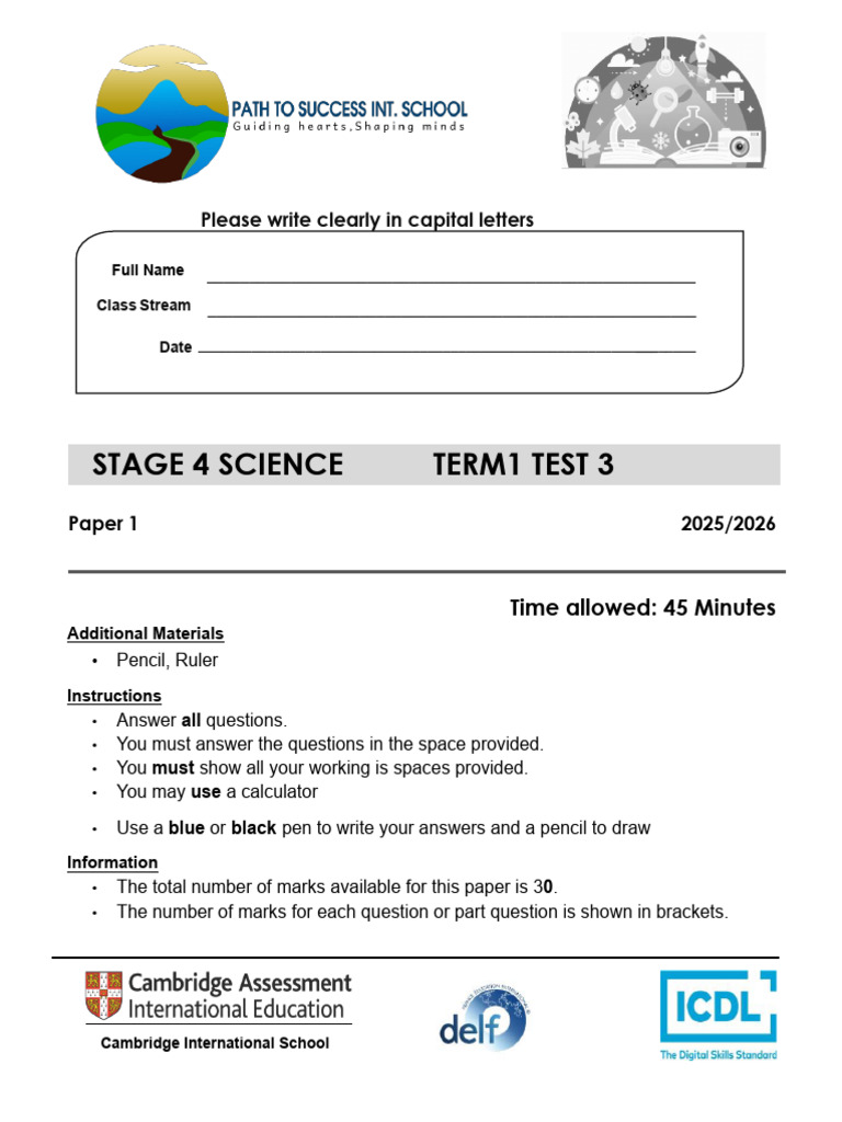 Stage 4 Science Term 1 Test Paper | PDF