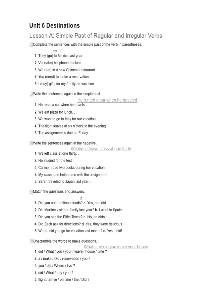 World English 3e Level 1 Grammar Activities Unit 6 Lesson A | PDF