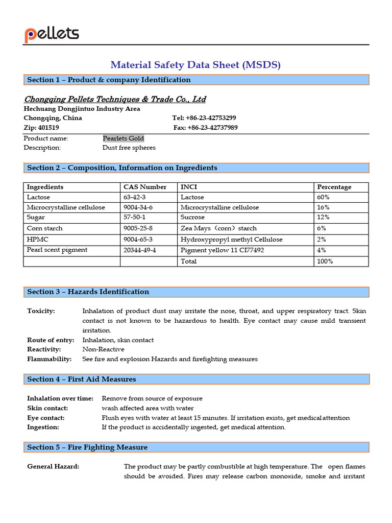MSDS H T Vitamin Vàng MSDS-Pearlets Gold | PDF | Firefighting | Safety