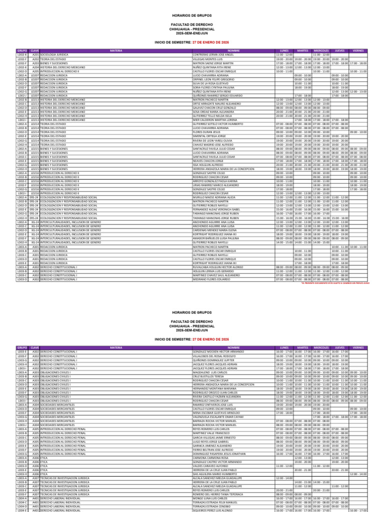 Horarios de Clases Derecho 2025 | PDF