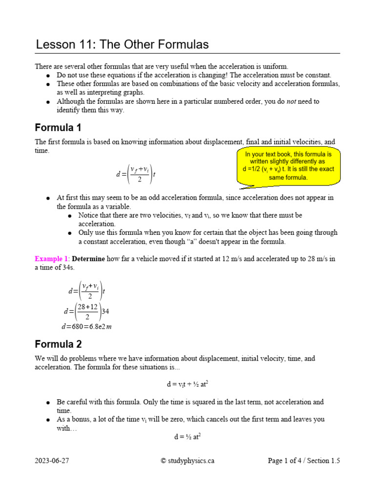 Essential Formulas for Uniform Acceleration | PDF | Acceleration | Velocity