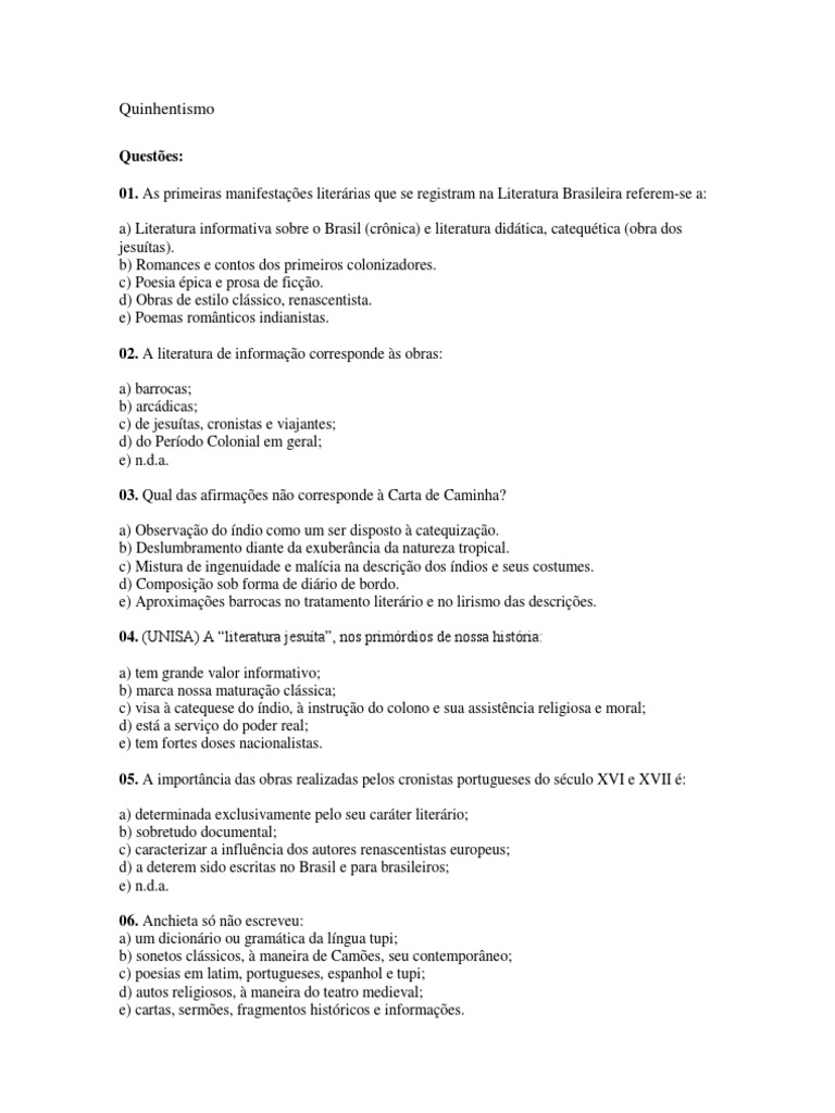 Questões sobre Quinhentismo e Literatura Jesuíta | PDF | Catecismo | Poesia