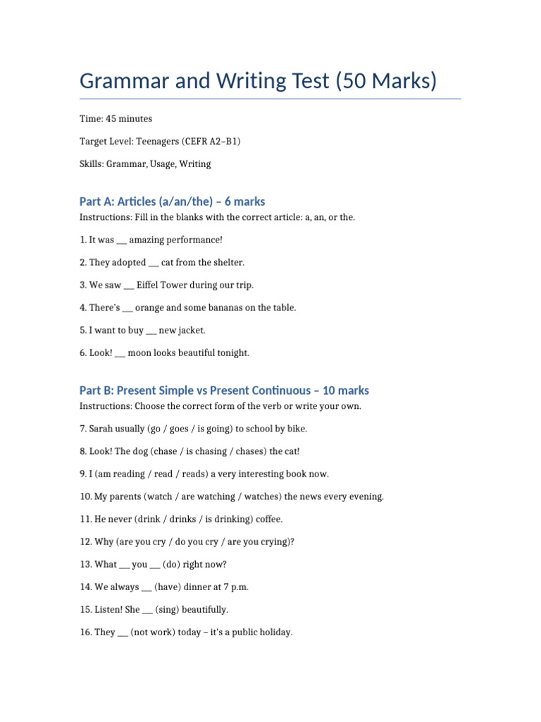 Grammar and Writing Test for Teens | PDF