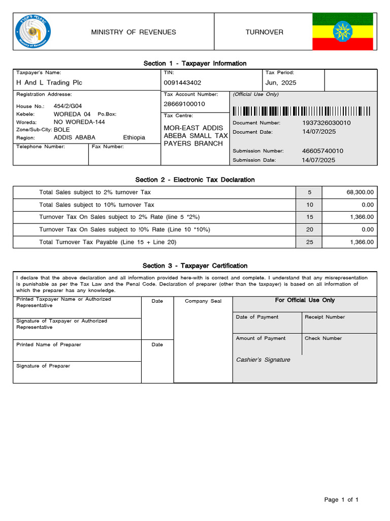 Turnover Tax Declaration Form Ethiopia | PDF | Revenue | Taxes