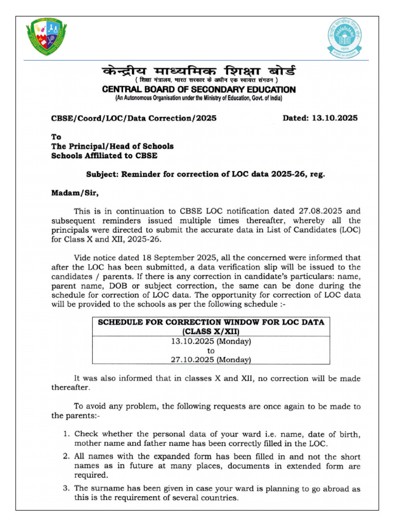Cbse Loc Instruction To Parents 2025-26 | PDF