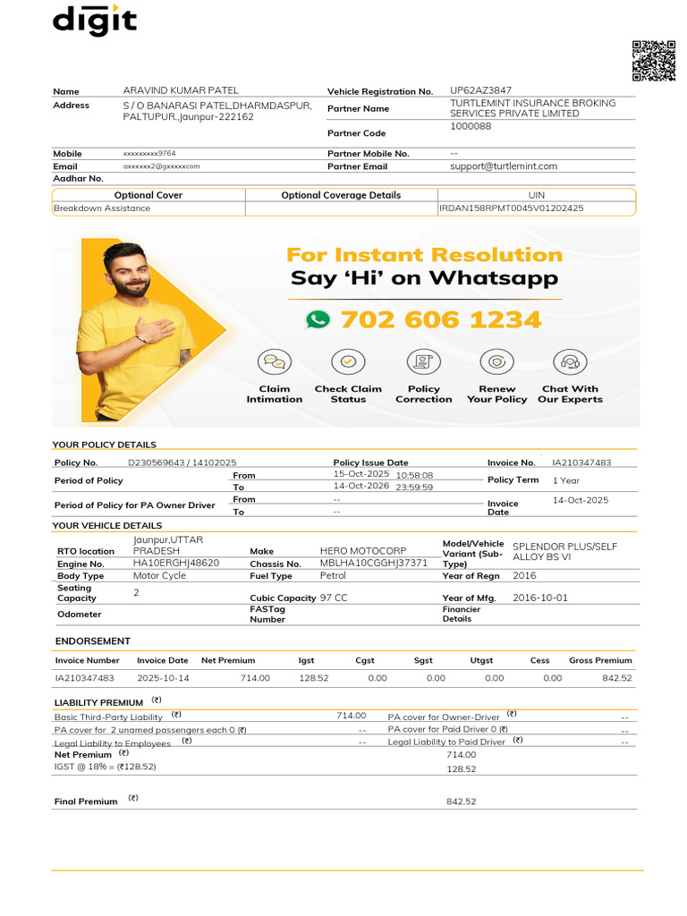 Go Digit General Insurance LTD.: Schedule/Receipt Digit Two-Wheeler ...
