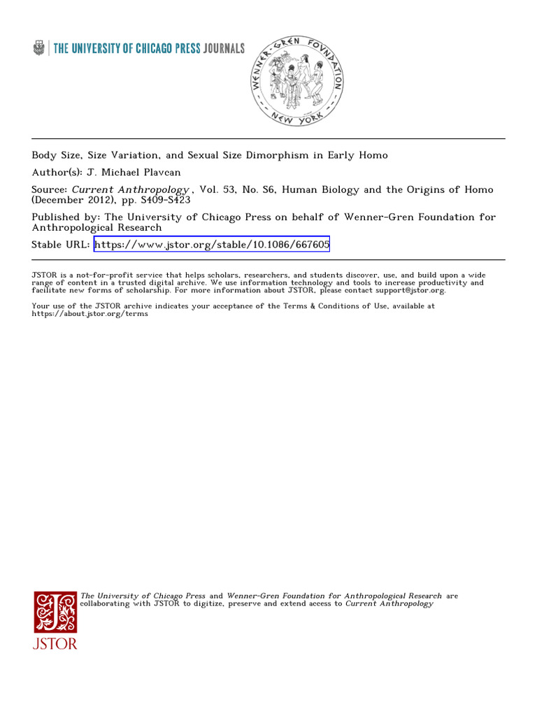 Body Size Size Variation and Sexual Size Dimorphism in Early Homo | PDF ...