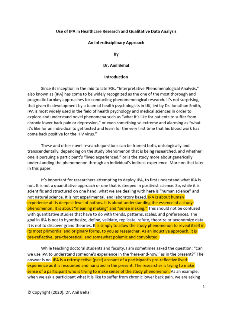 Use of IPA in Healthcare Research and Qualitative Data Analysis | PDF ...