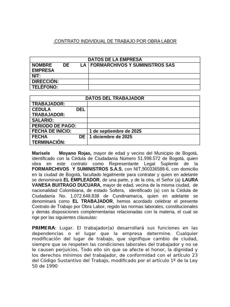 Contrato de Trabajo por Obra Labor | PDF | Derecho laboral | Salario