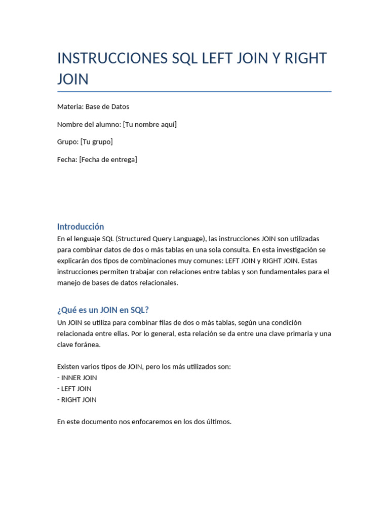 SQL: Uso de LEFT y RIGHT JOIN | PDF | SQL | Datos