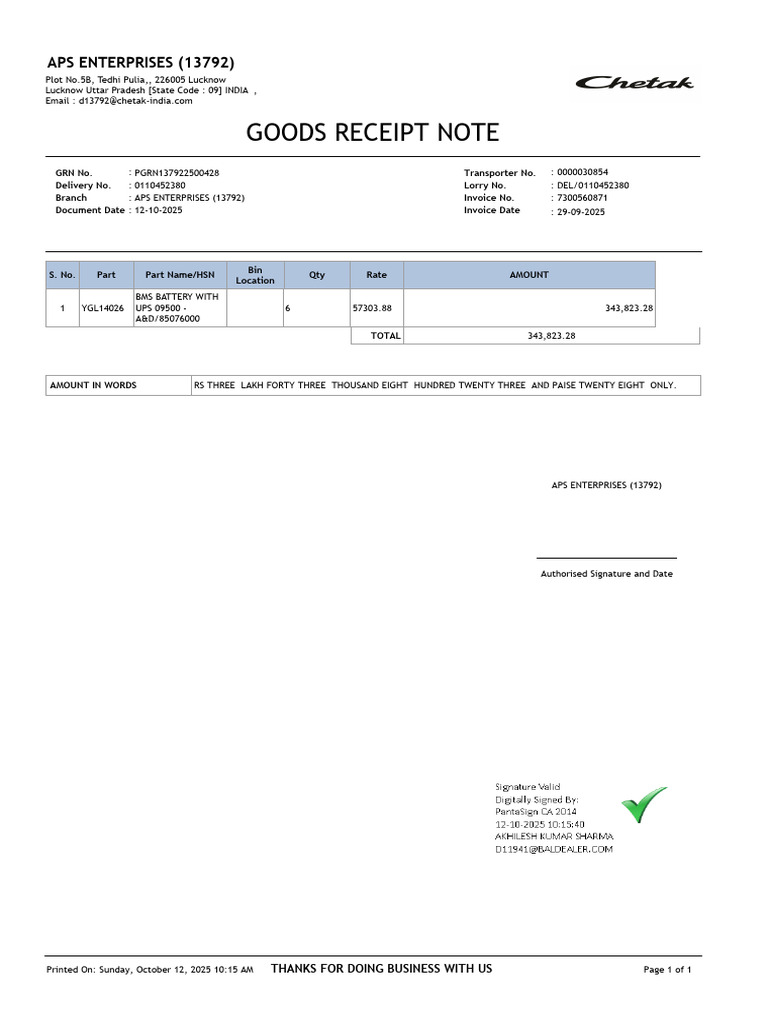 Goods Receipt Note for APS Enterprises | PDF