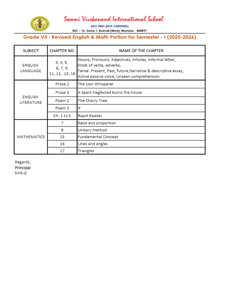 Grade VII Revised English Math Portion For Sem-1 | PDF