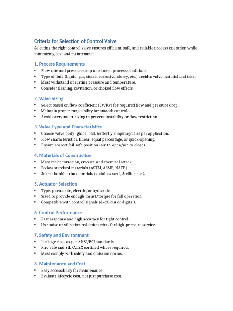 Control Valve Selection Criteria Guide | PDF