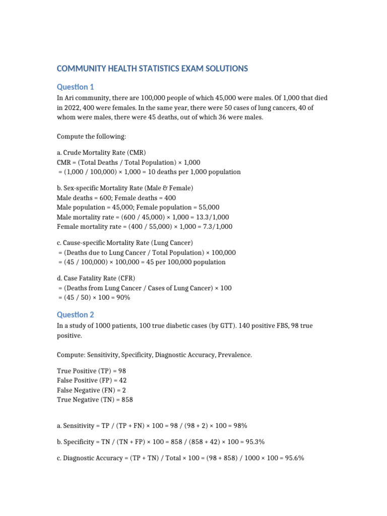 Community Health Statistics Solutions | PDF | Sensitivity And ...