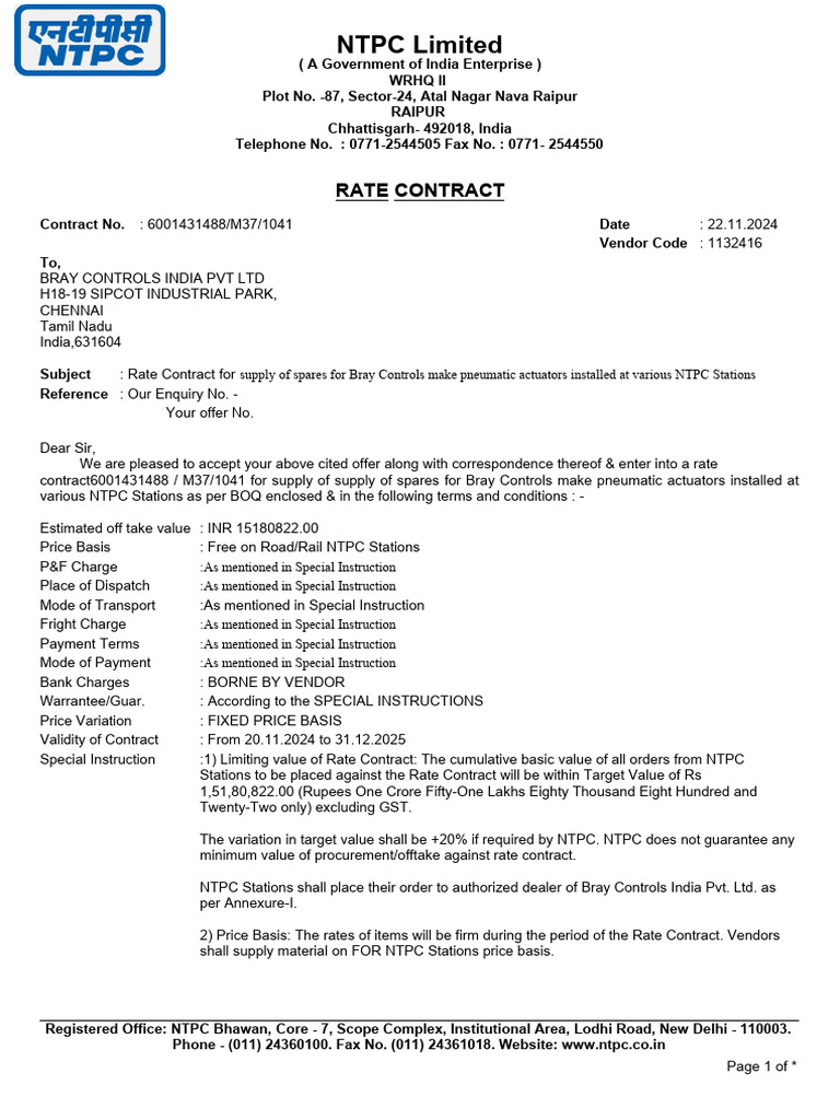 NTPC Rate Contract for Bray Controls Spares | PDF | Receipt | Actuator