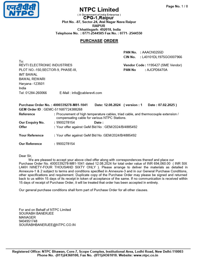 NTPC Purchase Order for Cables | PDF | Invoice | Specification ...