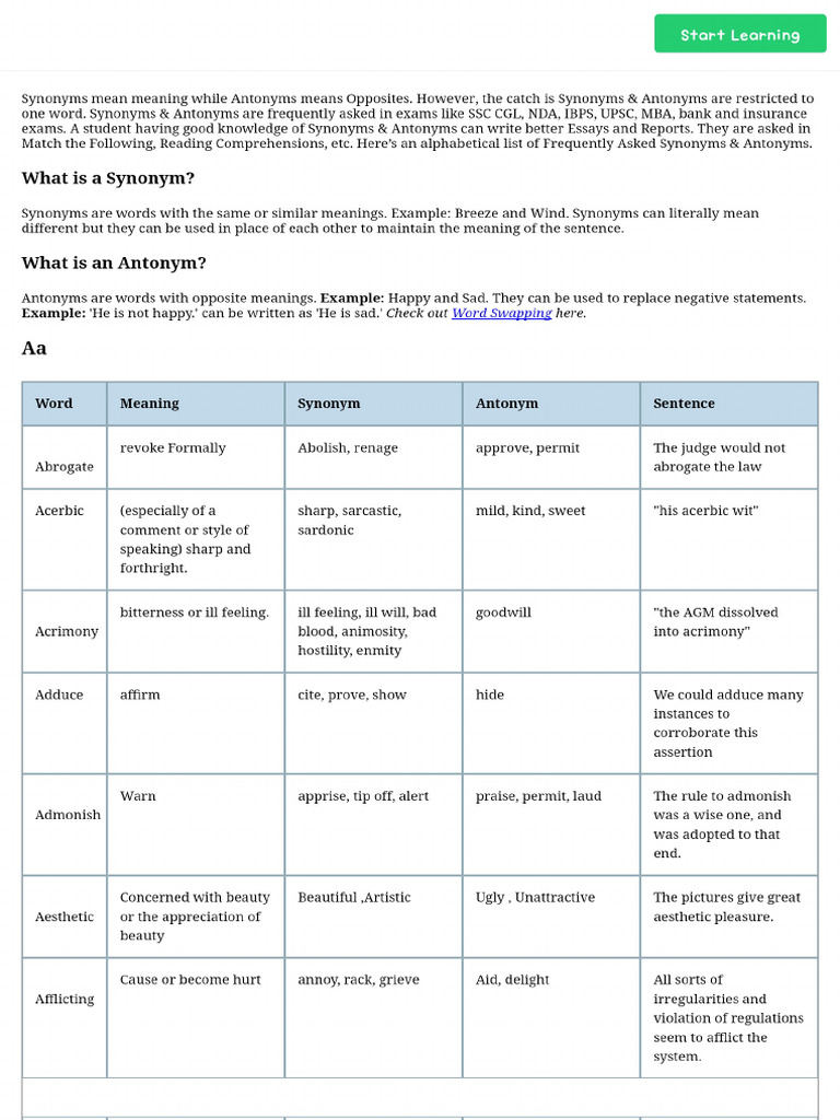 500+ Synonyms and Antonyms PDF List With Words, Meanings | PDF